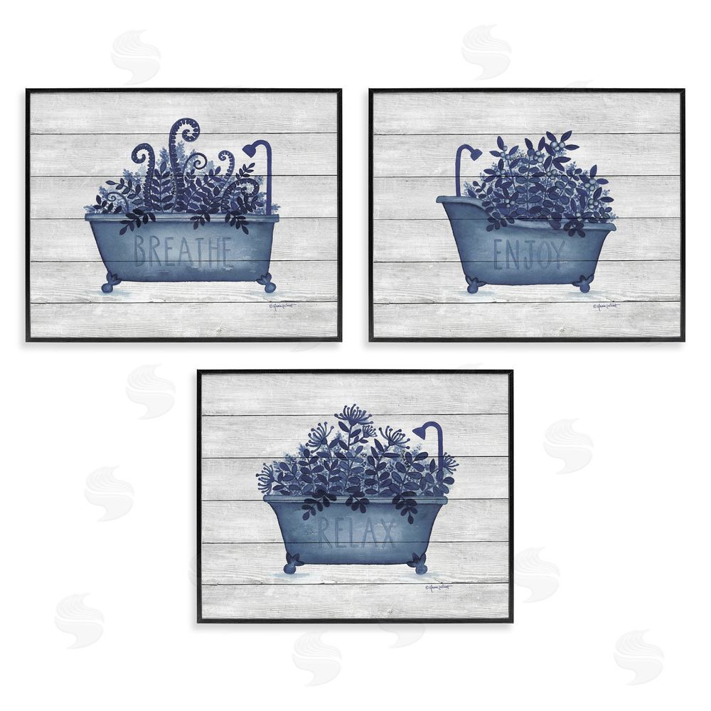 Annie LaPoint Enjoy Relaxing Bath Tub Blue Foliage Black Framed Giclee Wall Art Print