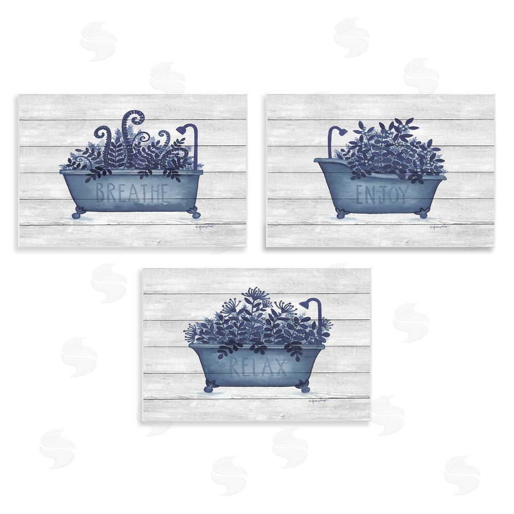 Annie LaPoint Enjoy Relaxing Bath Tub Blue Foliage Wooden Wall Plaque Art Print