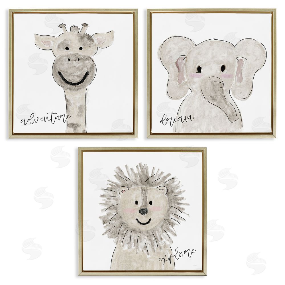 Natalie Carpentieri Cute Cartoon Animals Illustration Quote  Gold Floating Frame Canvas Wall Art Print