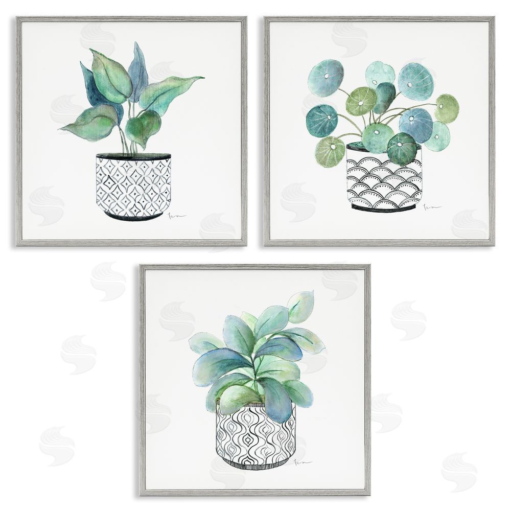 Tava Studios Patterned Planter Vase Lush Blooming Leaves  Gray Framed Giclee Wall Art Print