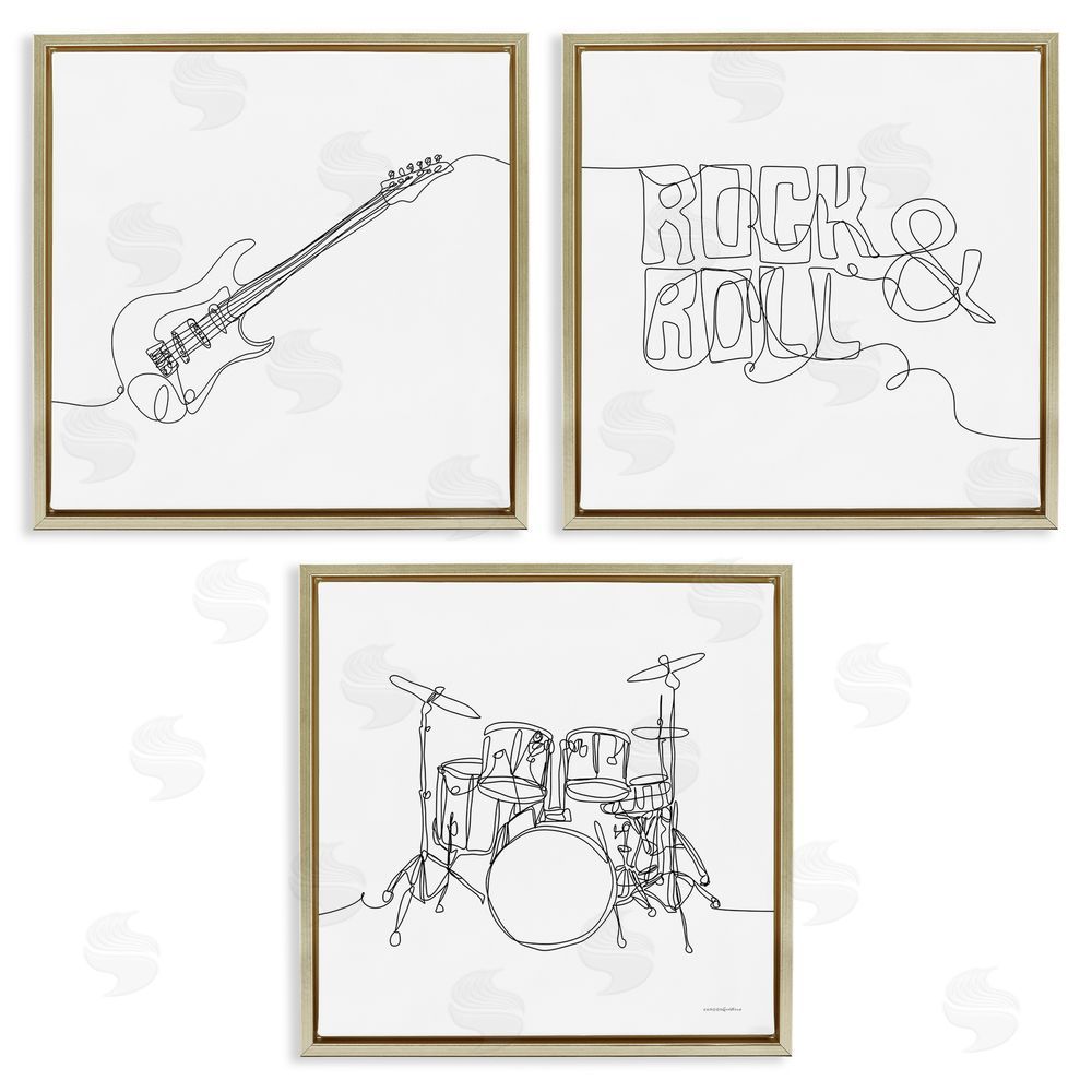 Kamdon Kreations Rock & Roll Musical Instrument Doodles Gold Floating Frame Canvas Wall Art Print
