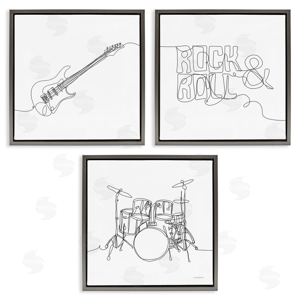 Kamdon Kreations Rock & Roll Musical Instrument Doodles Gray Floating Frame Canvas Wall Art Print