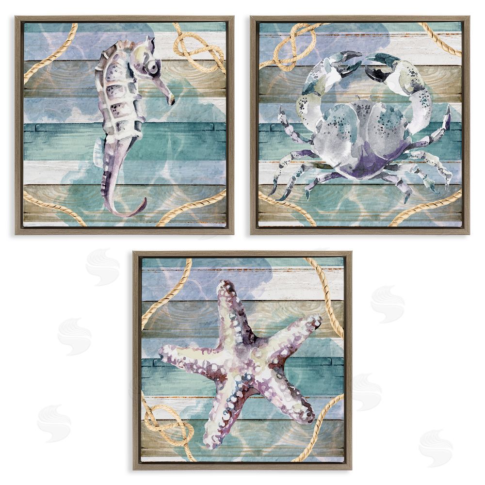 Nicole DeCamp Sea Life Plank Pattern Brown Floating Frame Canvas Wall Art Print