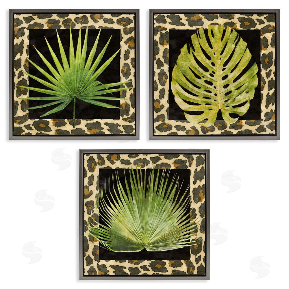 Alonzo Saunders Palm Plants on Leopard Pattern Gray Floating Frame Canvas Wall Art Print