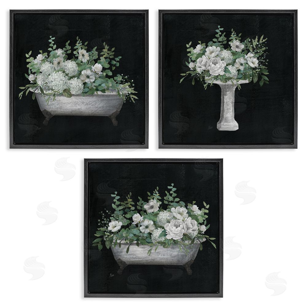Nan Vintage Bathroom Hydrangeas Black Floating Frame Canvas Wall Art Print