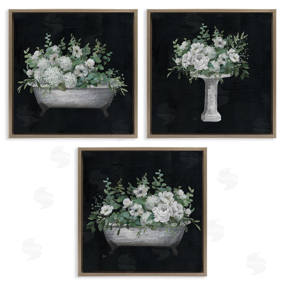 Nan Vintage Bathroom Hydrangeas Brown Floating Frame Canvas Wall Art Print
