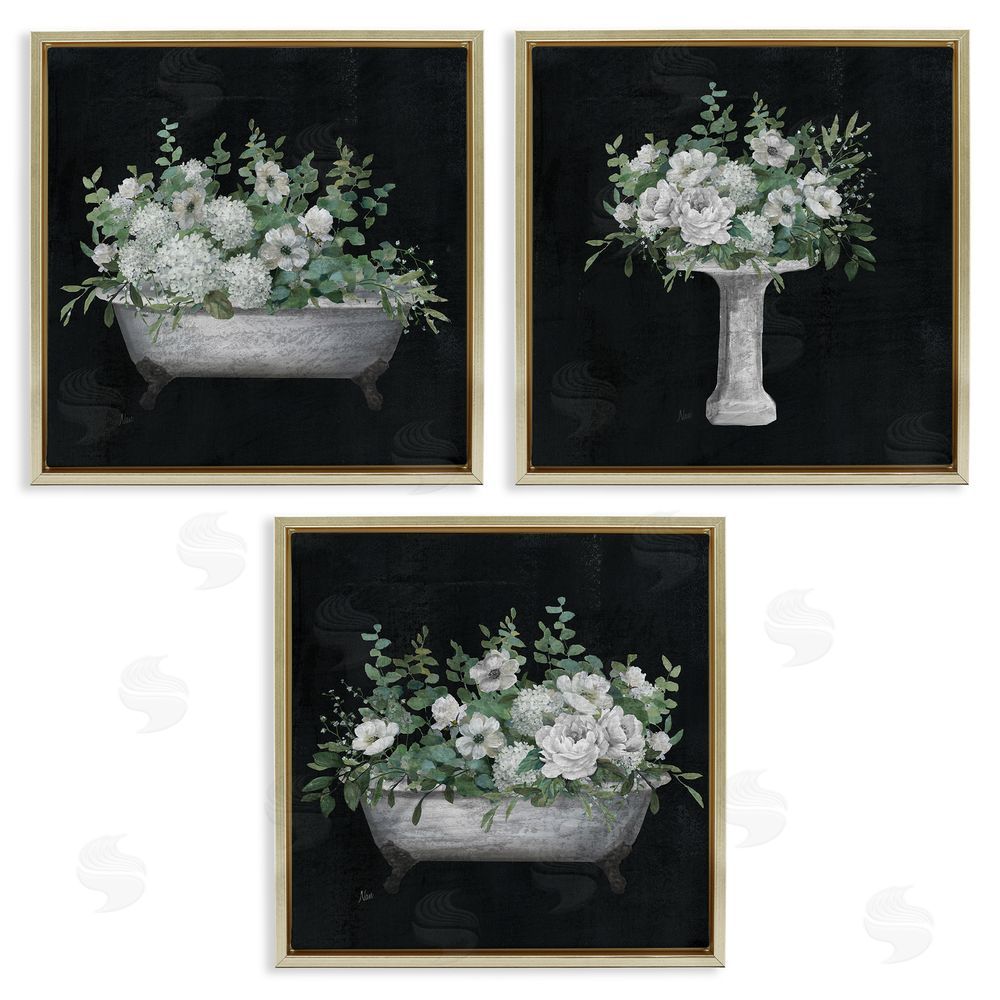 Nan Vintage Bathroom Hydrangeas Gold Floating Frame Canvas Wall Art Print