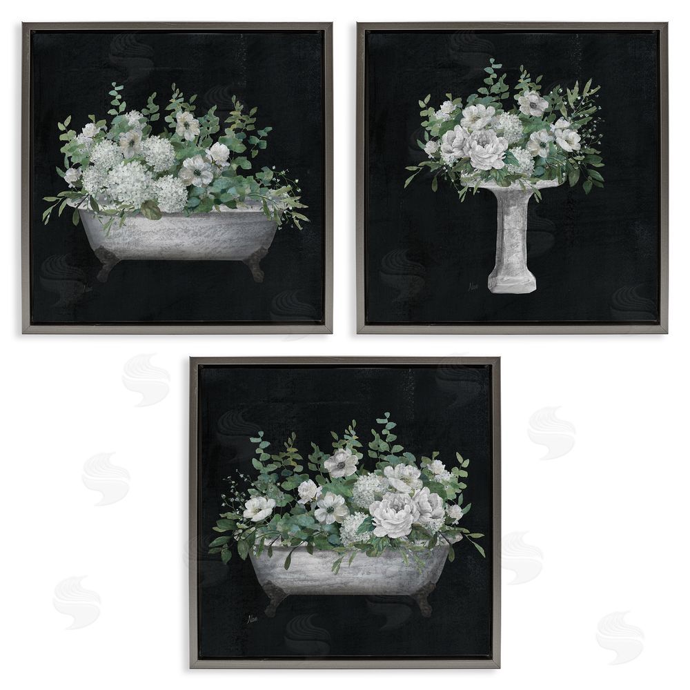 Nan Vintage Bathroom Hydrangeas Gray Floating Frame Canvas Wall Art Print