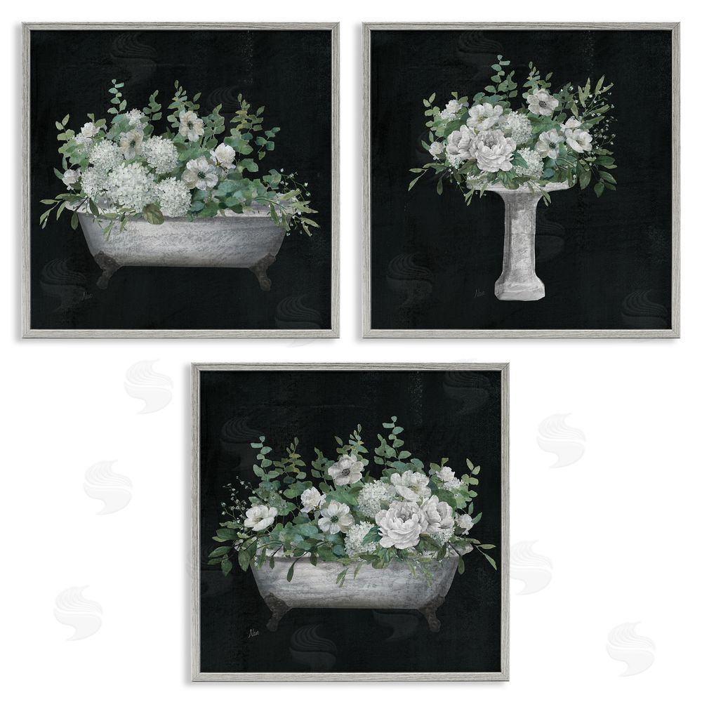 Nan Vintage Bathroom Hydrangeas Gray Framed Giclee Wall Art Print