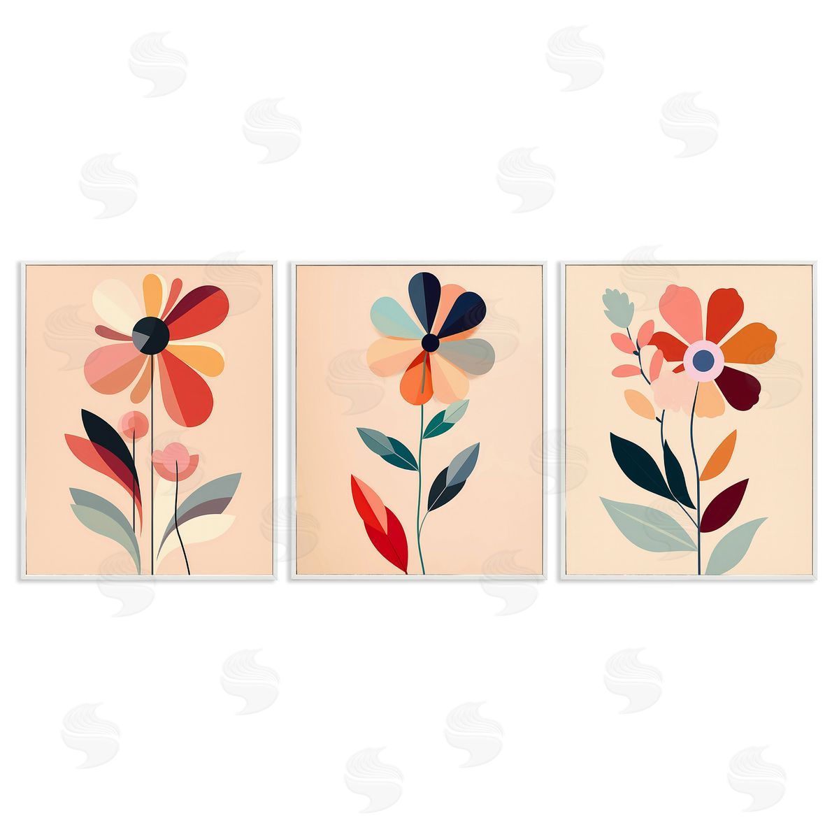 Walker Noble Funky Modern Flowers White Framed Giclee Wall Art Print