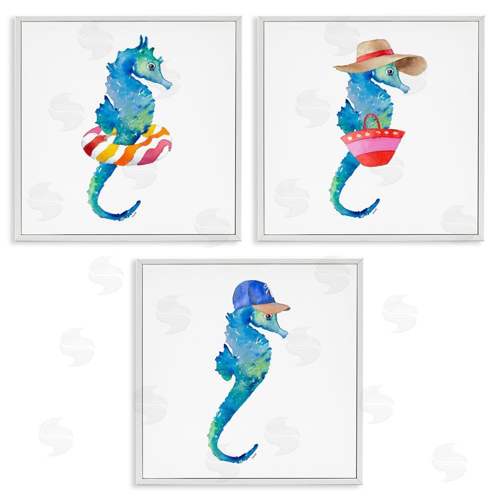 Lanie Loreth Fun Beach Ready Seahorses White Framed Giclee Wall Art Print