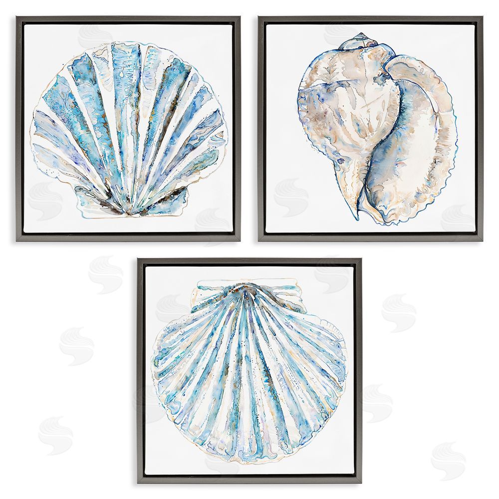 Christine Zalewski Clam & Conch Watercolors Gray Floating Frame Canvas Wall Art Print