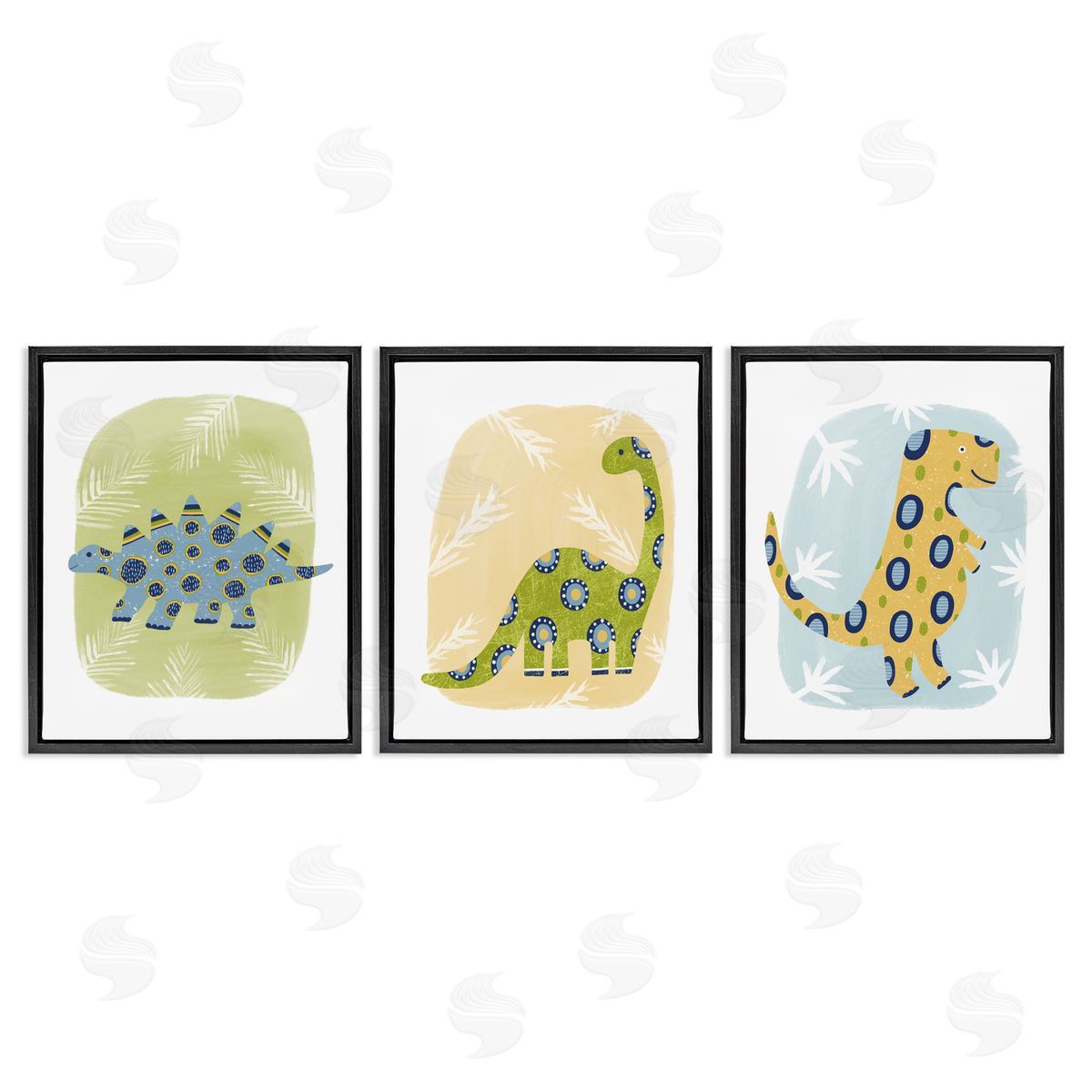 Three Patterned Dinosaurs Black Floating Frame Canvas Wall Art, Home Decor by Lisa Nohren