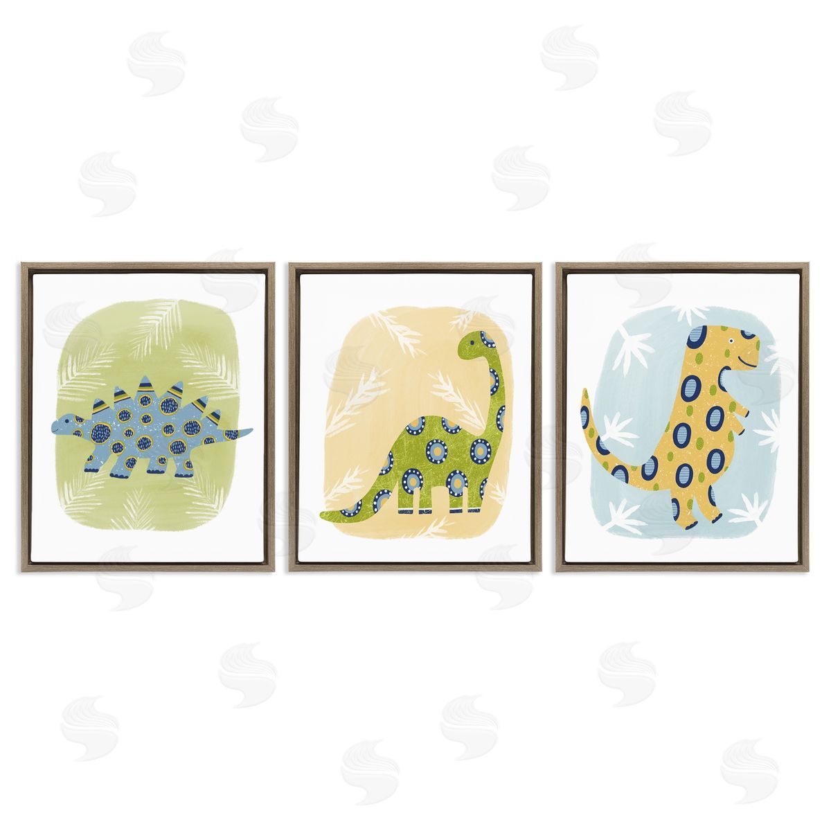 Three Patterned Dinosaurs Brown Floating Frame Canvas Wall Art, Home Decor by Lisa Nohren