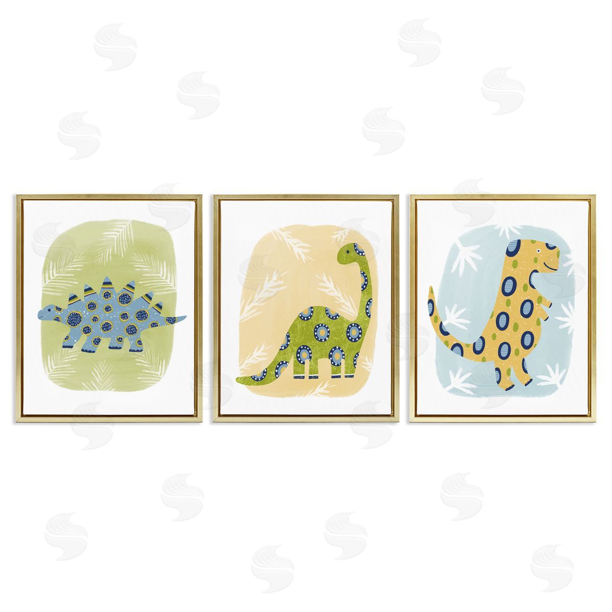Three Patterned Dinosaurs Gold Floating Frame Canvas Wall Art, Home Decor by Lisa Nohren