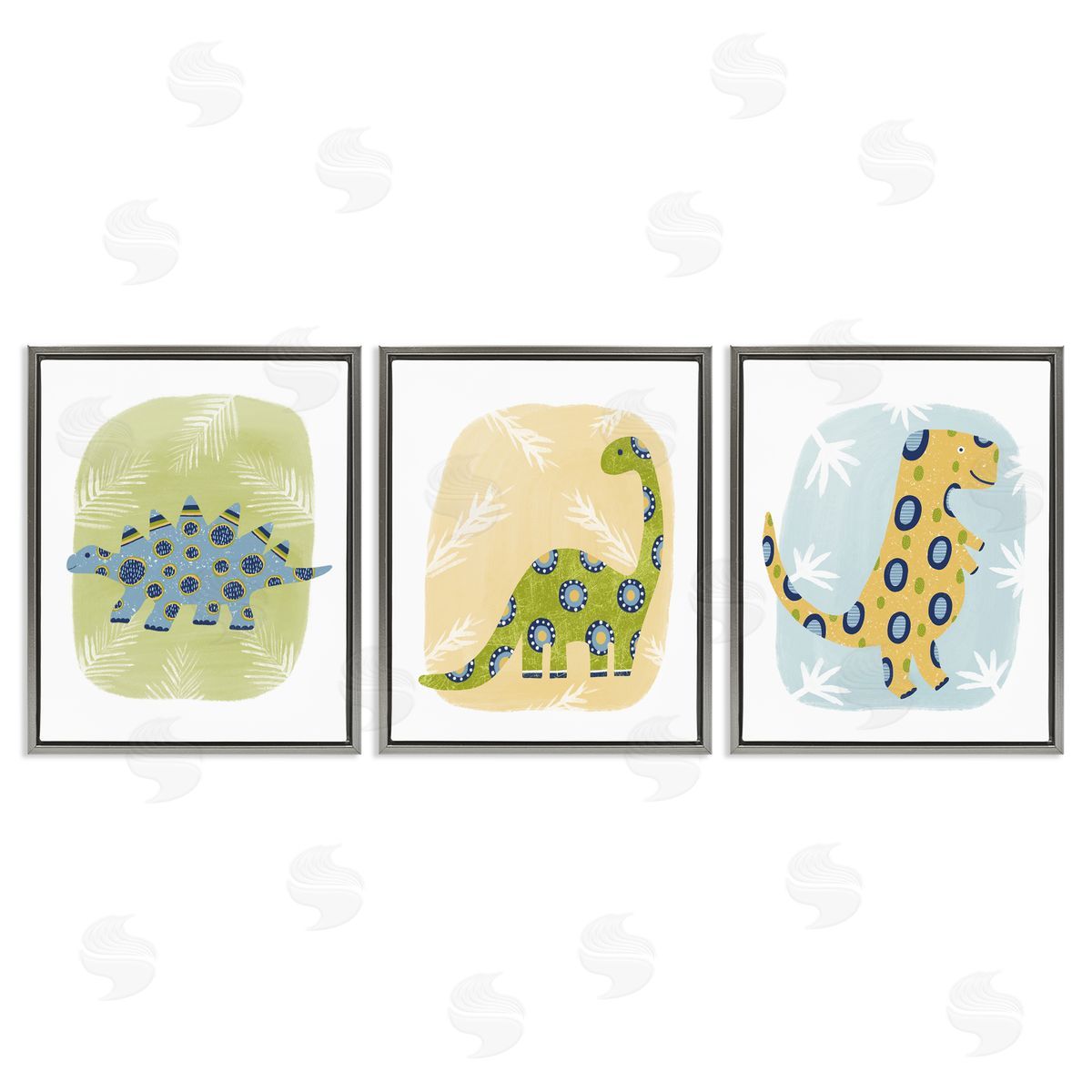 Three Patterned Dinosaurs Grey Floating Frame Canvas Wall Art, Home Decor by Lisa Nohren
