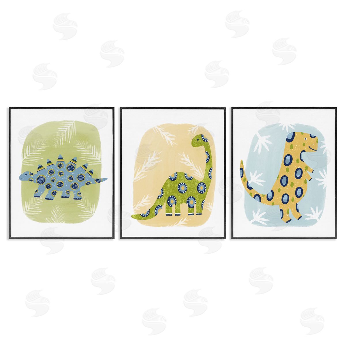 Three Patterned Dinosaurs Black Frame Print Wall Art, Home Decor by Lisa Nohren