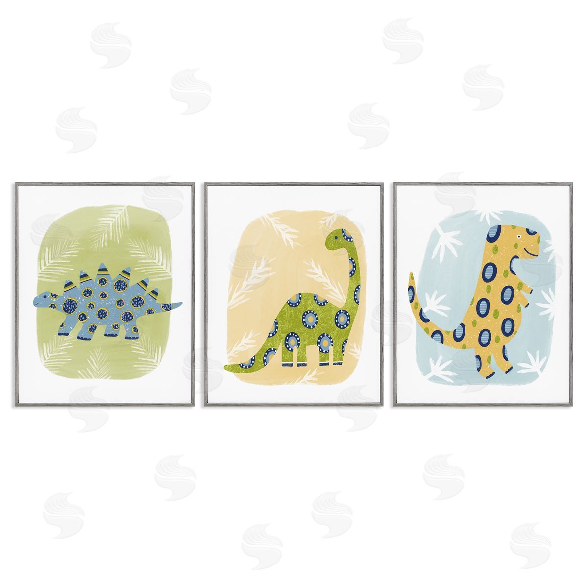 Three Patterned Dinosaurs Grey Frame Print Wall Art, Home Decor by Lisa Nohren