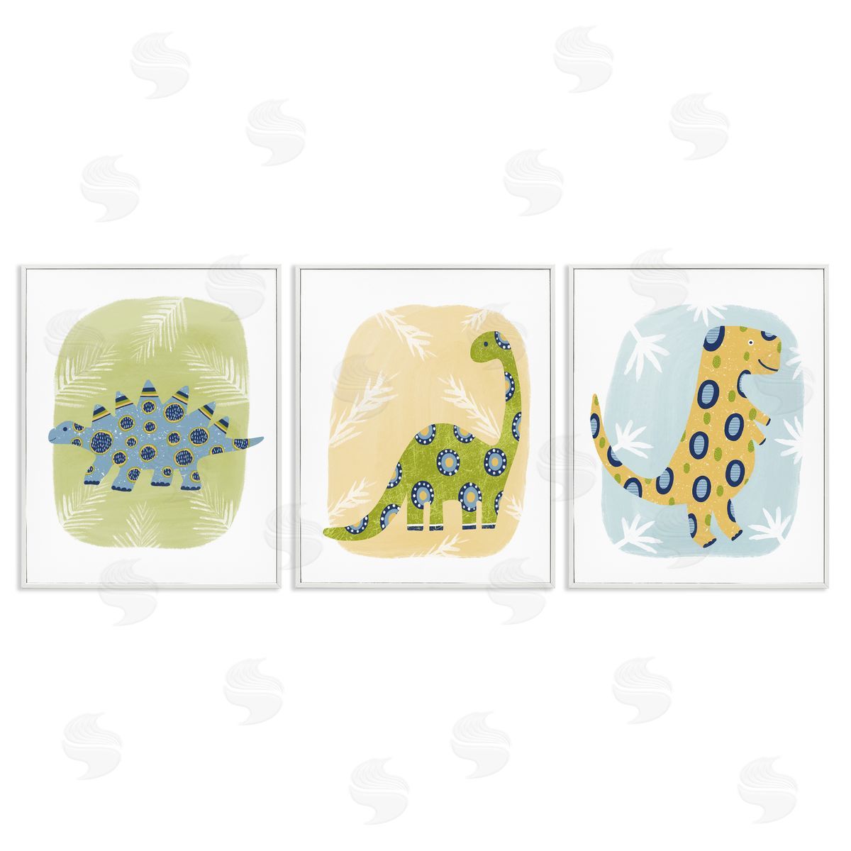 Three Patterned Dinosaurs White Frame Print Wall Art, Home Decor by Lisa Nohren