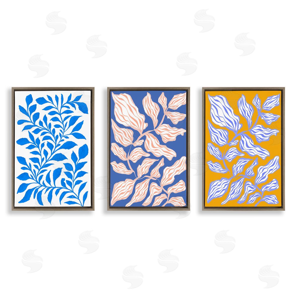 Boho Leaf Patterns Brown Floating Frame Canvas Wall Art, Home Decor by Martina Pavlova