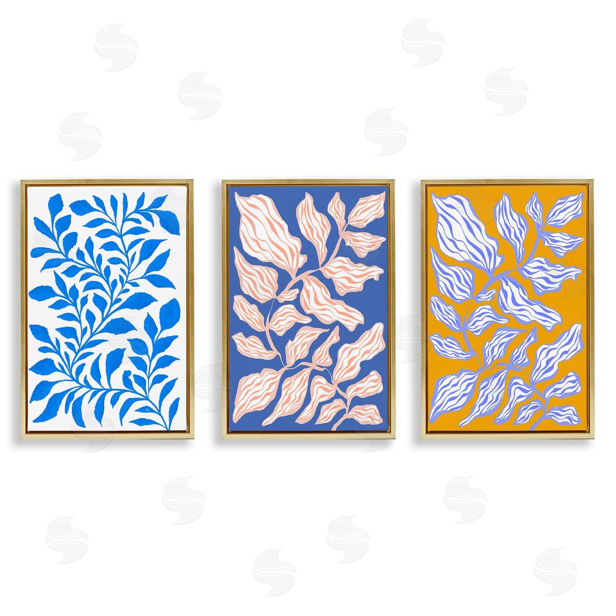 Boho Leaf Patterns Gold Floating Frame Canvas Wall Art, Home Decor by Martina Pavlova