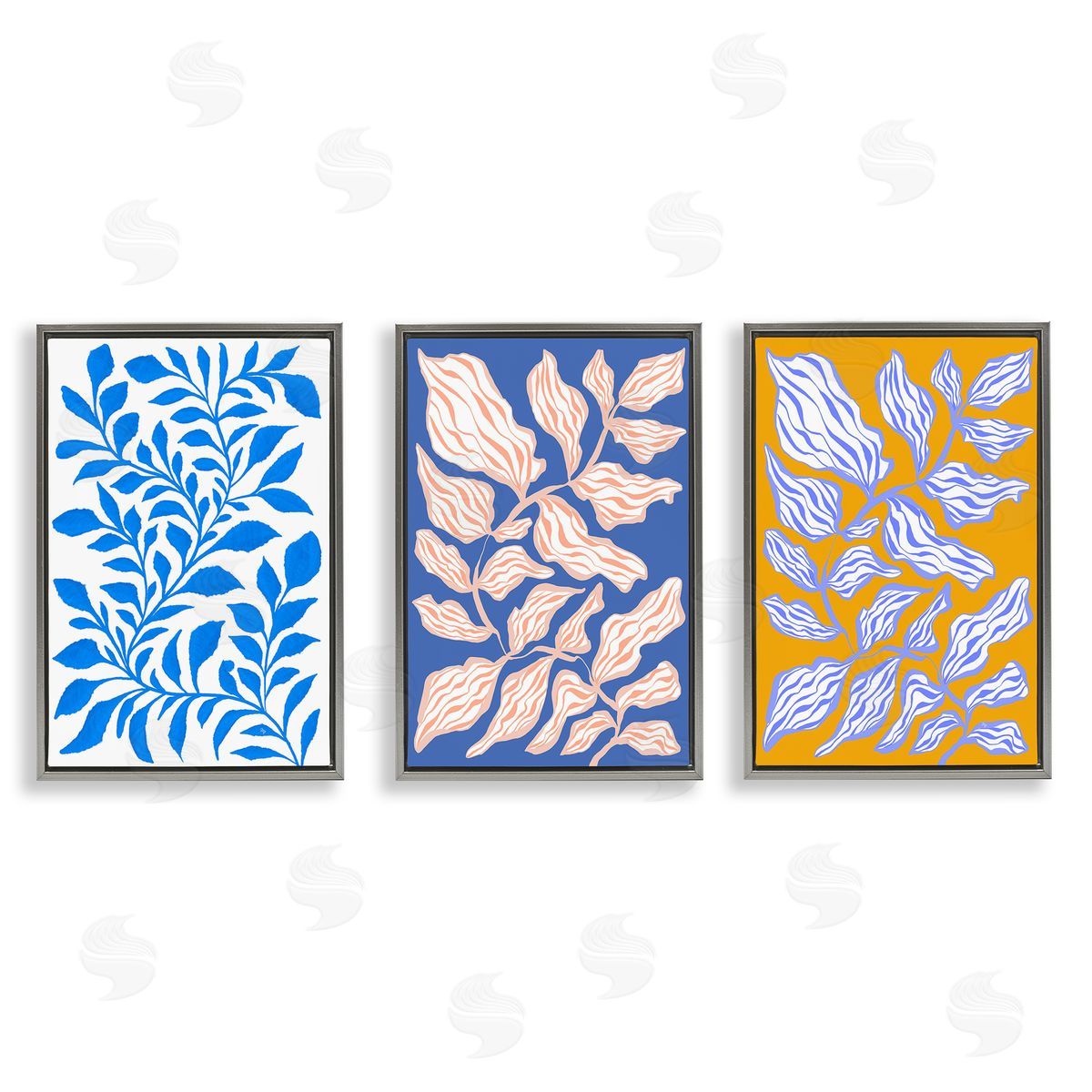 Boho Leaf Patterns Grey Floating Frame Canvas Wall Art, Home Decor by Martina Pavlova