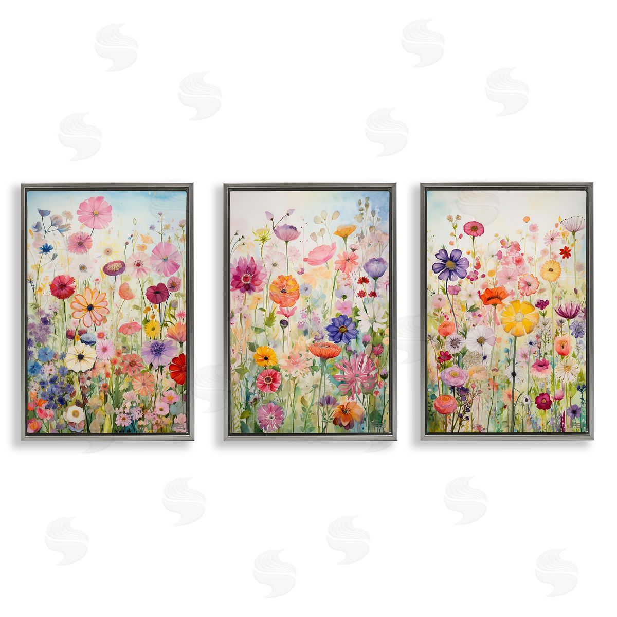 Bold Flower Meadow Horizon Grey Floating Frame Canvas Wall Art, Home Decor by RB