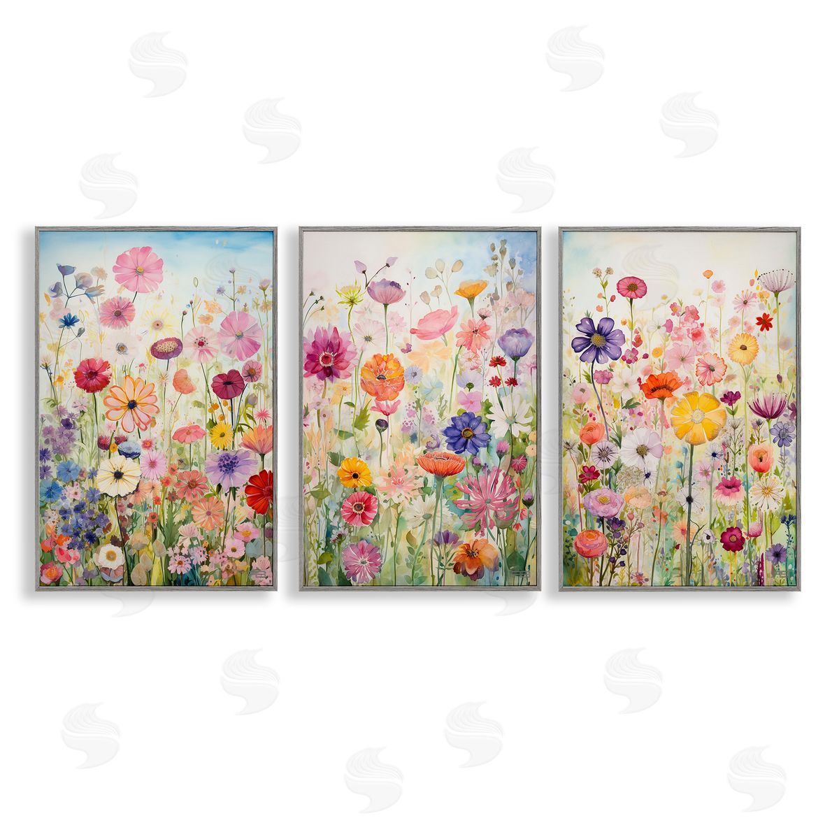 Bold Flower Meadow Horizon Grey Frame Print Wall Art, Home Decor by RB