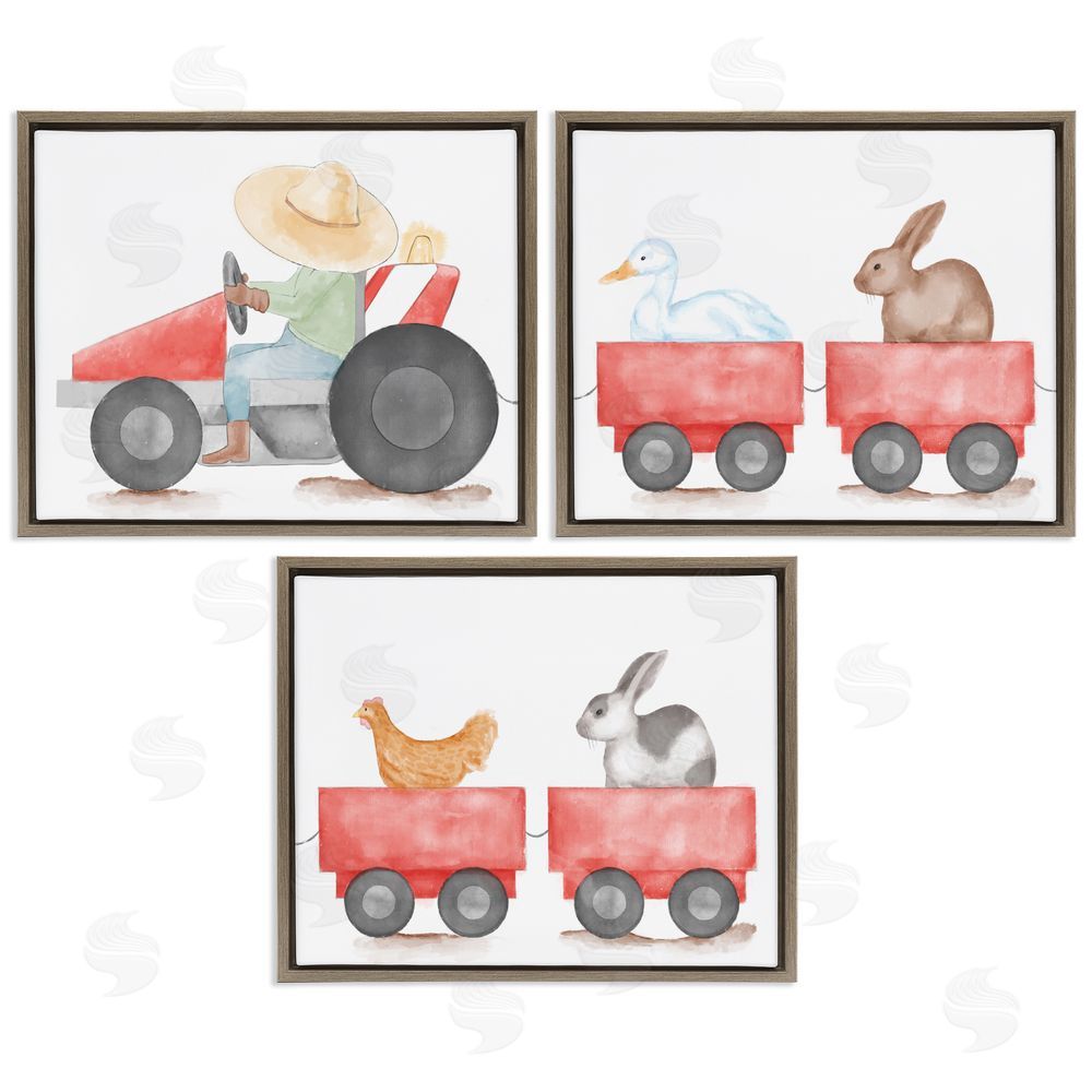 Stupell Studio Farmhouse Tractor Animals Brown Floating Frame Canvas Wall Art Print