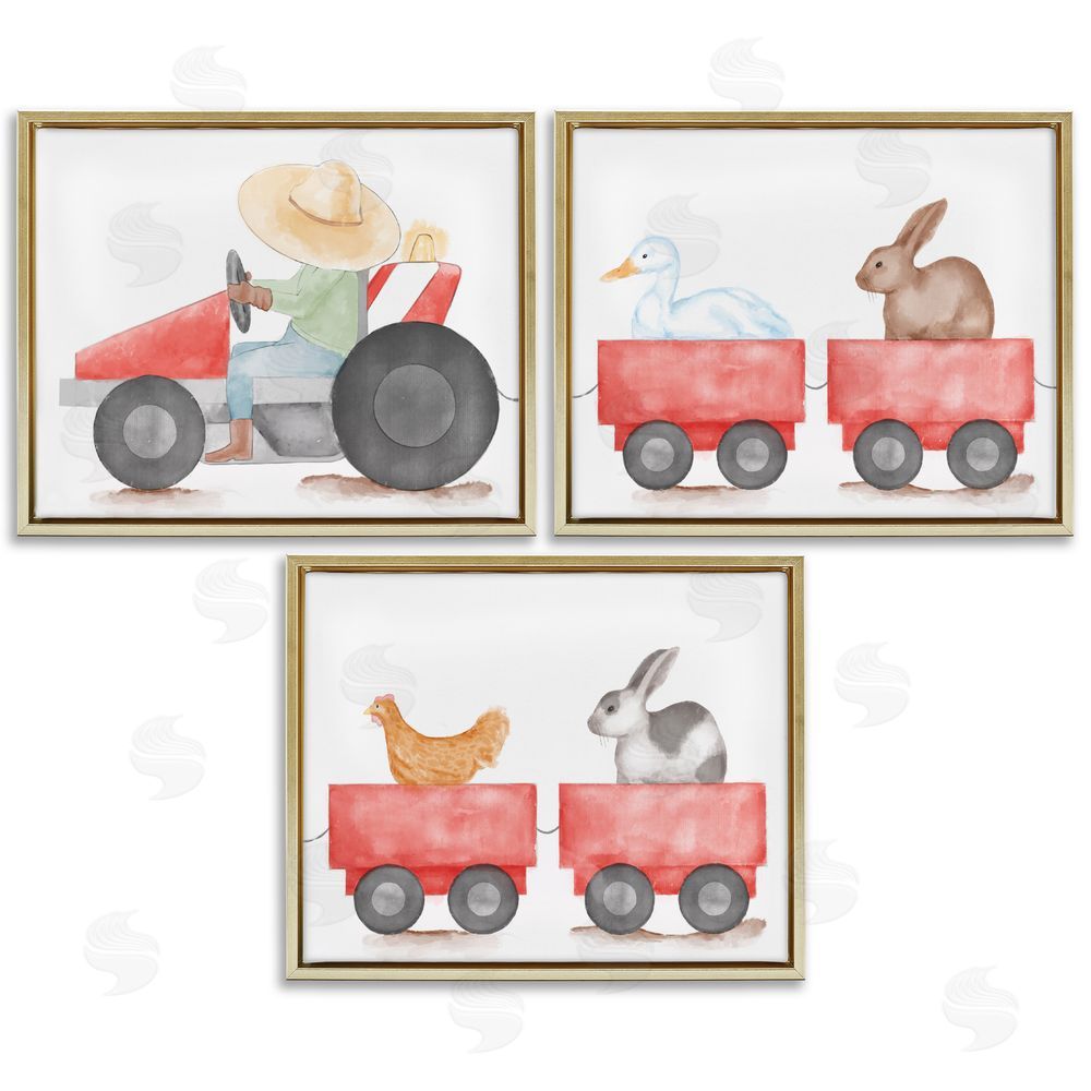 Stupell Studio Farmhouse Tractor Animals Gold Floating Frame Canvas Wall Art Print