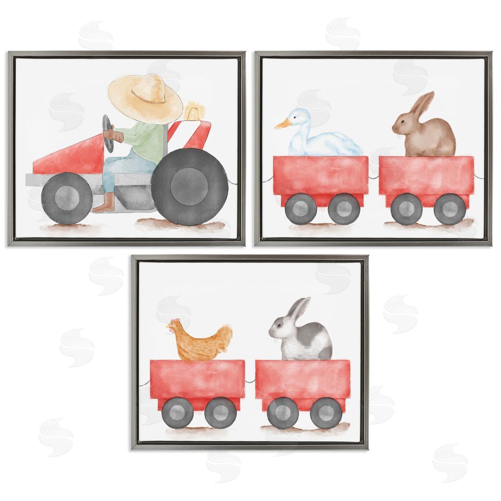 Stupell Studio Farmhouse Tractor Animals Gray Floating Frame Canvas Wall Art Print