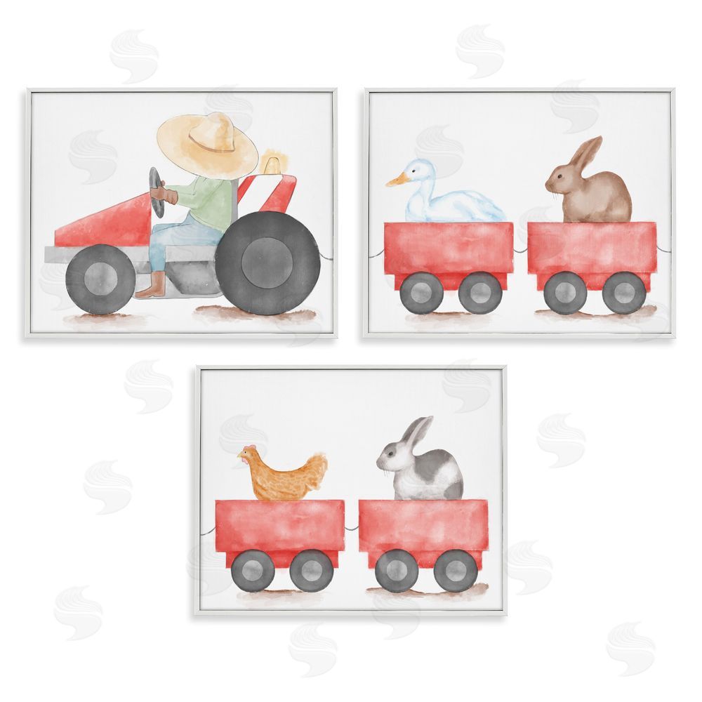 Stupell Studio Farmhouse Tractor Animals White Framed Giclee Wall Art Print