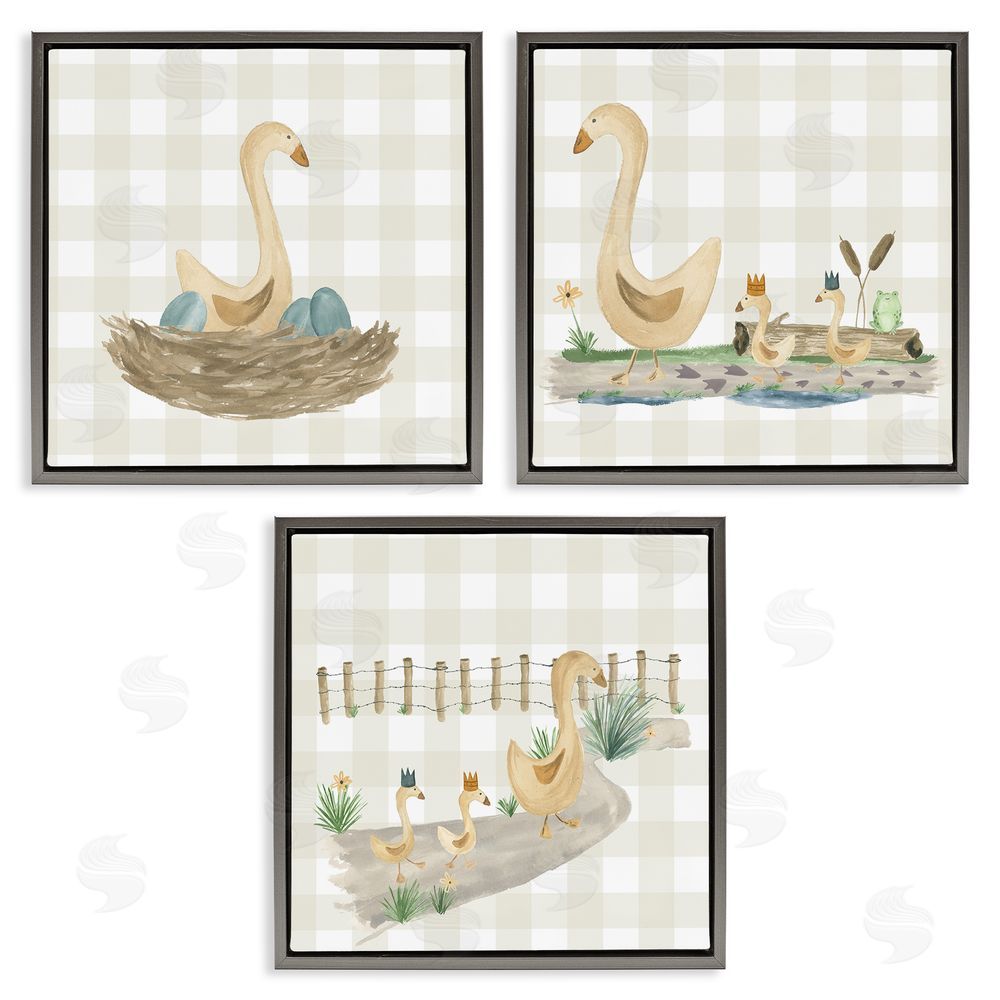 Lucille Price Mama Goose & Ducklings Gray Floating Frame Canvas Wall Art Print