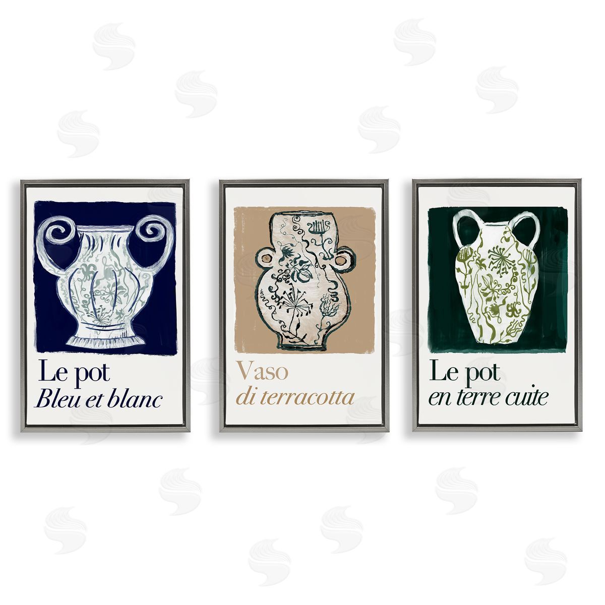 French Floral Vases Grey Floating Frame Canvas Wall Art, Home Decor by cartissi