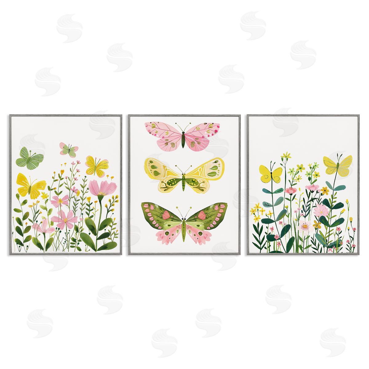 LSR Design Studio Playful Butterflies and Florals Gray Framed Giclee Wall Art Print