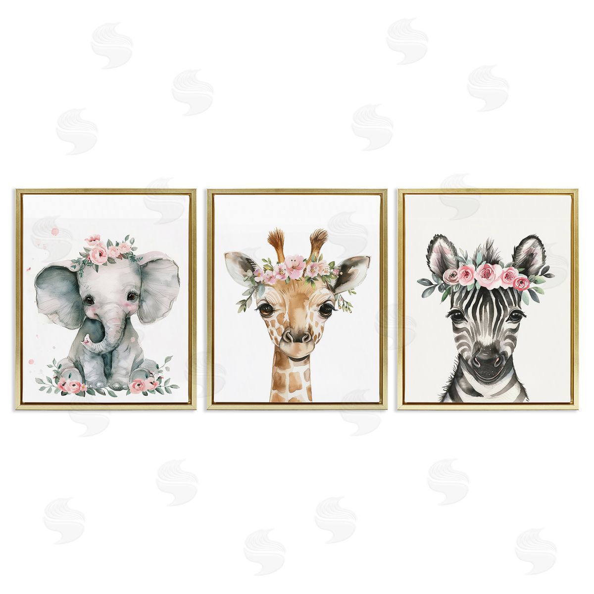 LSR Design Studio Pink Rose Jungle Animals Gold Floating Frame Canvas Wall Art Print