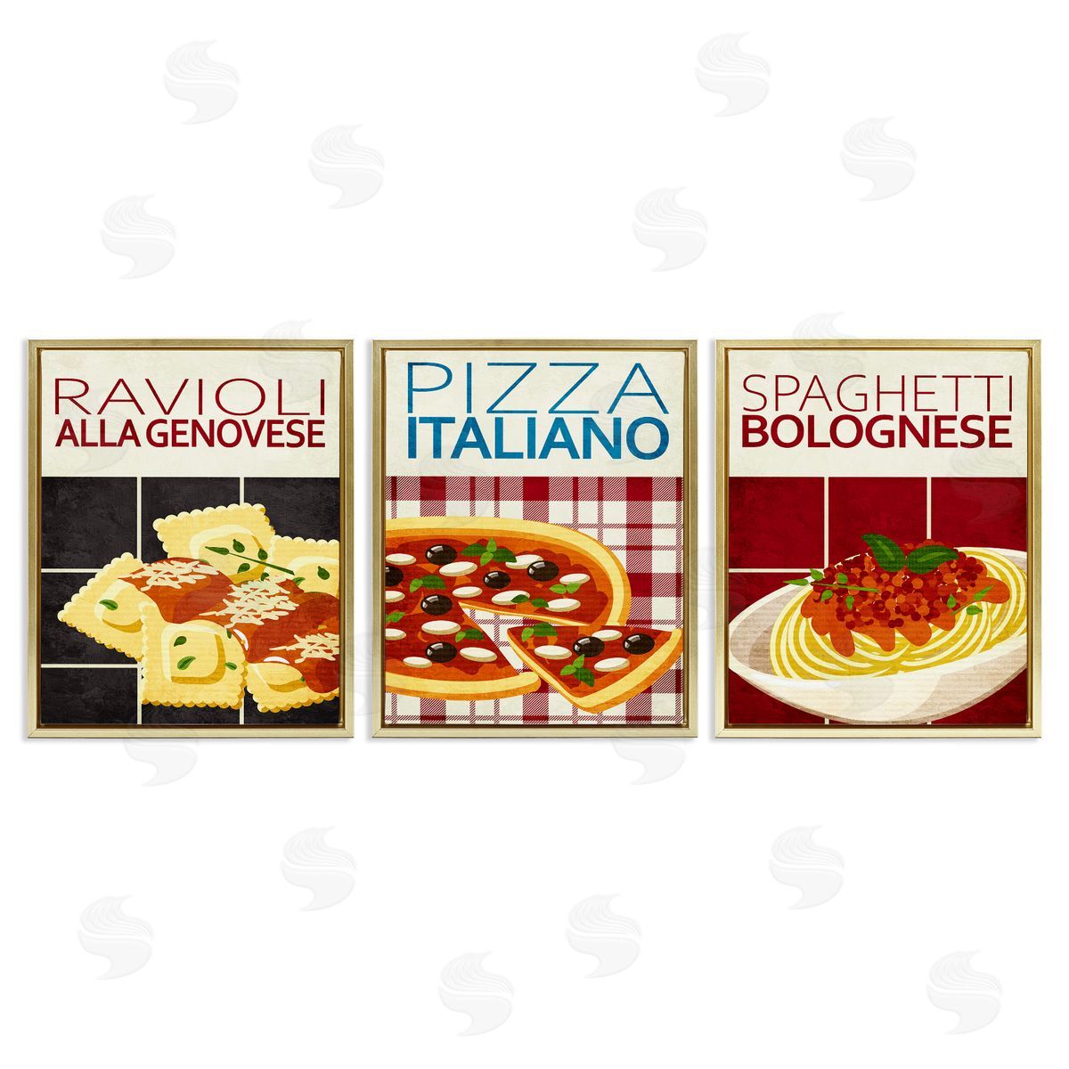 Classic Italian Pasta Meals Gold Floating Frame Canvas Wall Art, Home Decor by Kim Allen