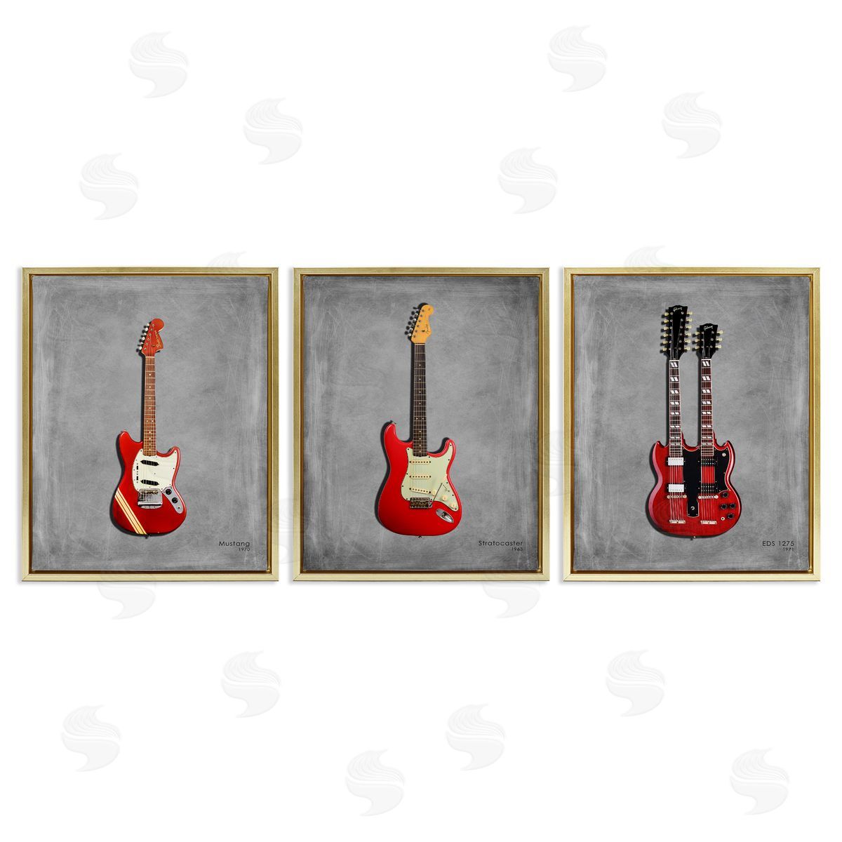 Red Guitars Collection Gold Floating Frame Canvas Wall Art, Home Decor by Mark Rogan