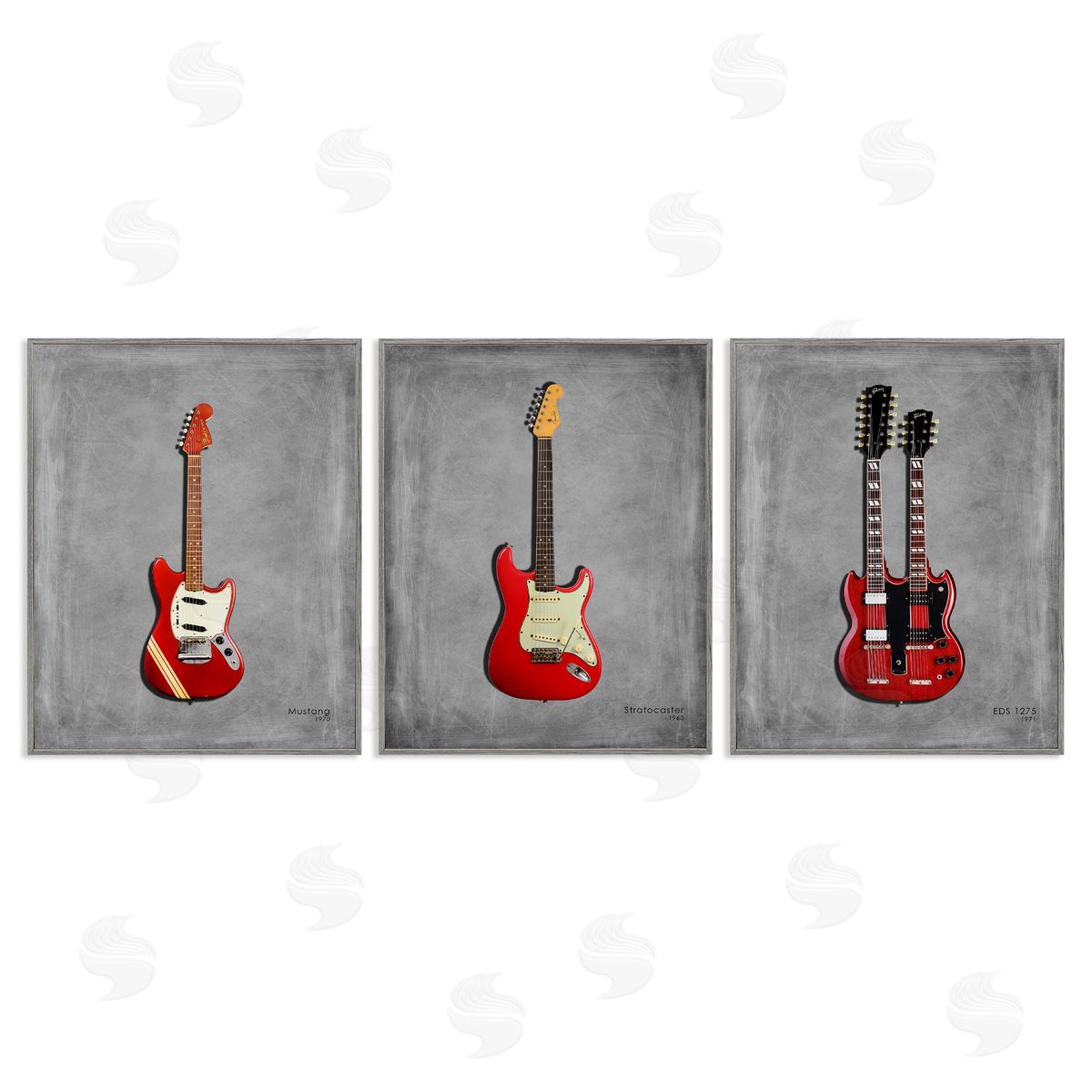 Red Guitars Collection Grey Frame Print Wall Art, Home Decor by Mark Rogan