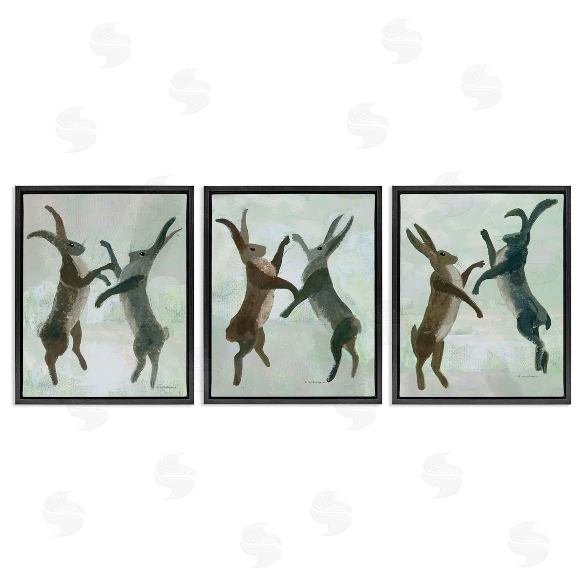 Battling Hares in Neutral Tones Black Floating Frame Canvas Wall Art, Home Decor by Kay Widdowson