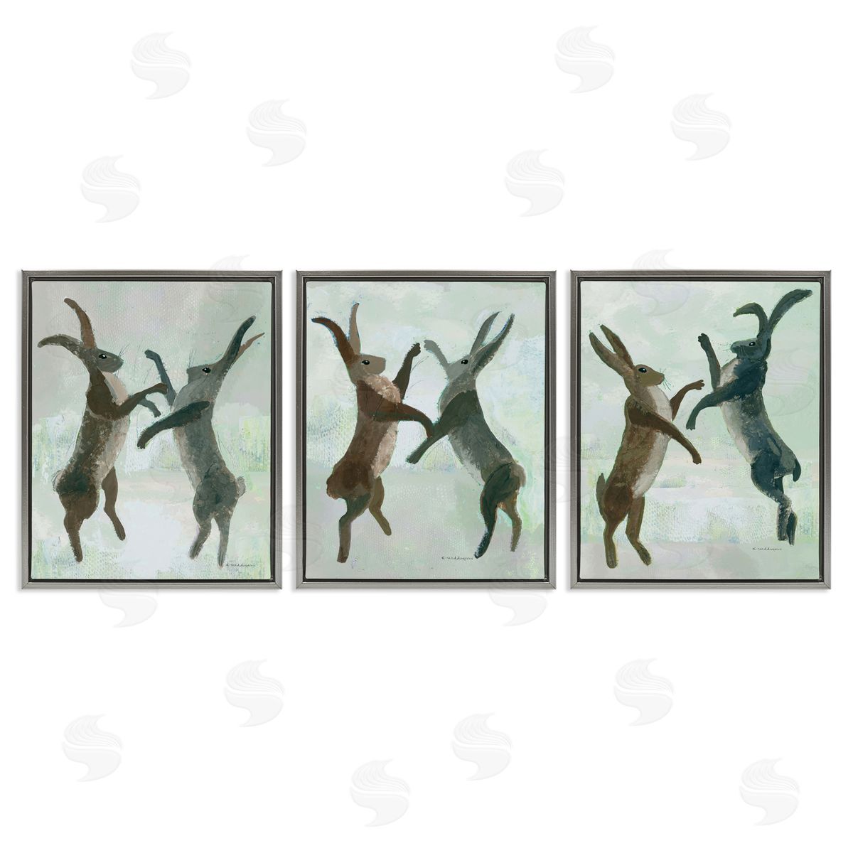 Battling Hares in Neutral Tones Grey Floating Frame Canvas Wall Art, Home Decor by Kay Widdowson