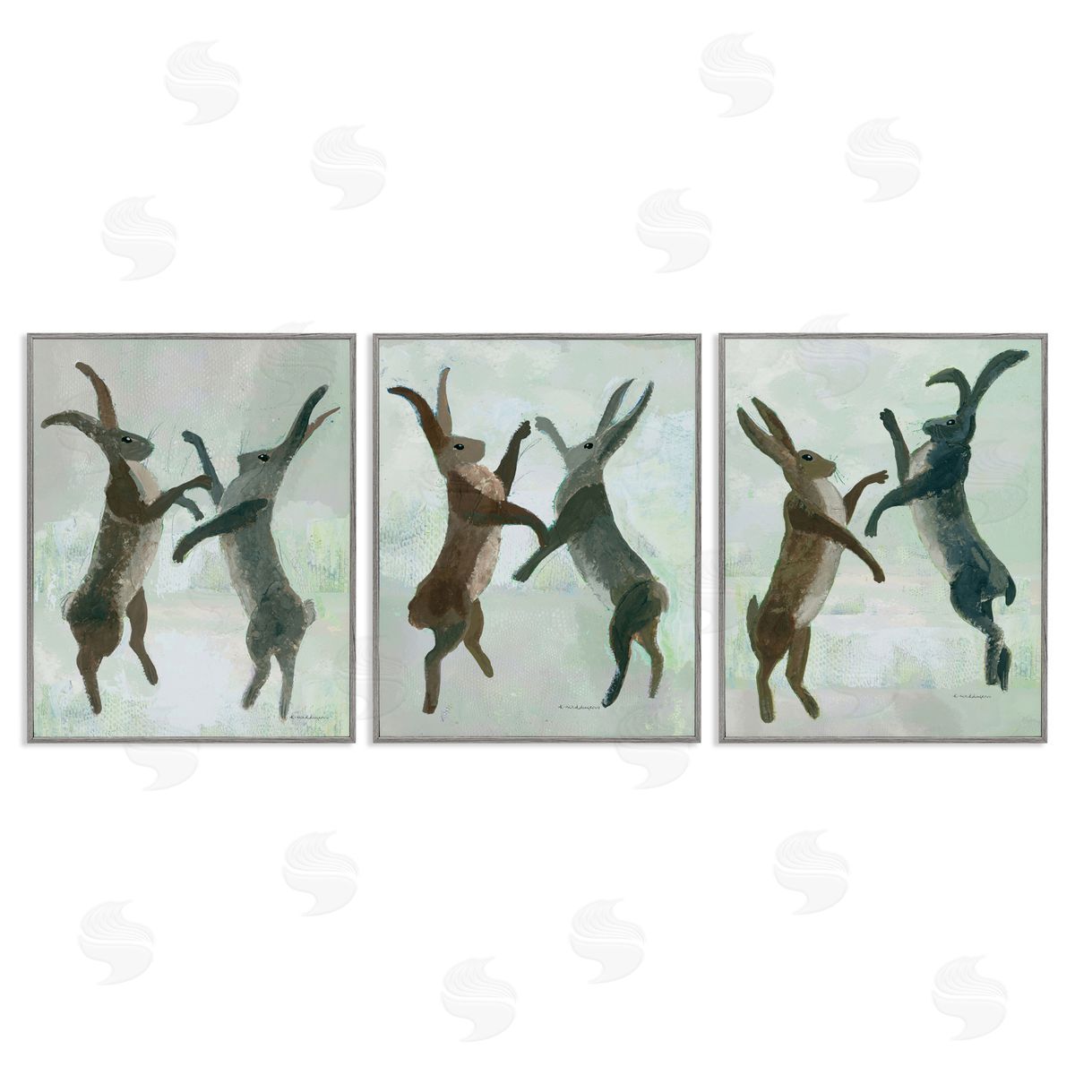 Battling Hares in Neutral Tones Grey Frame Print Wall Art, Home Decor by Kay Widdowson