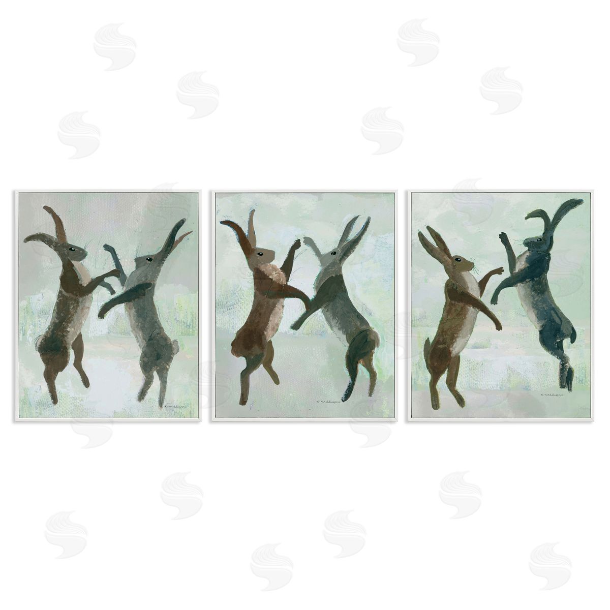 Battling Hares in Neutral Tones White Frame Print Wall Art, Home Decor by Kay Widdowson