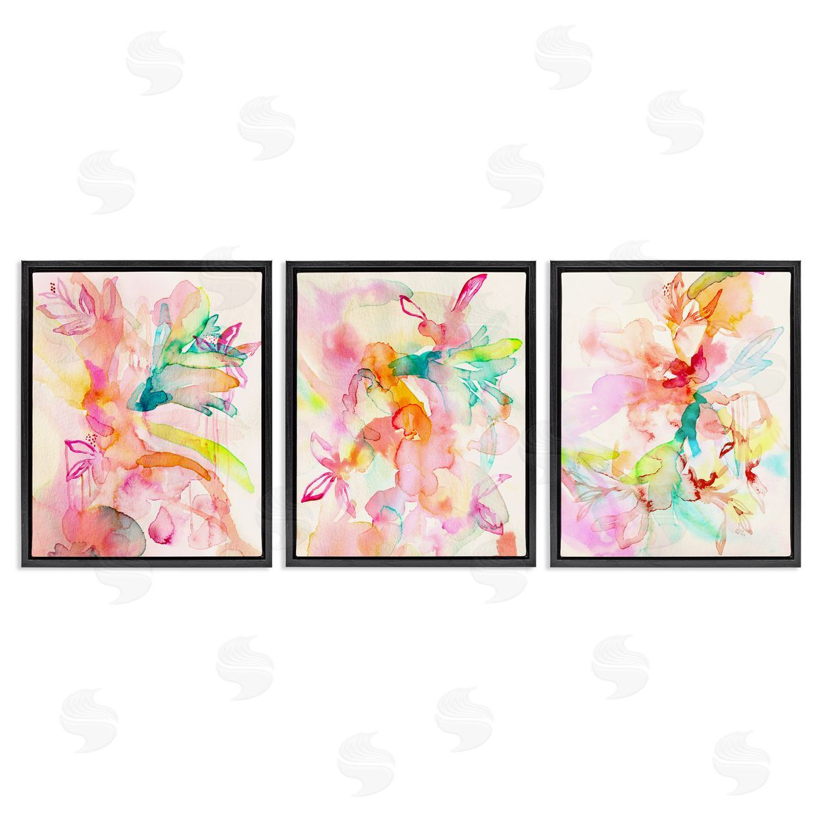 Abstract Florals & Paint Drip Black Floating Frame Canvas Wall Art, Home Decor by Gemma Bardot