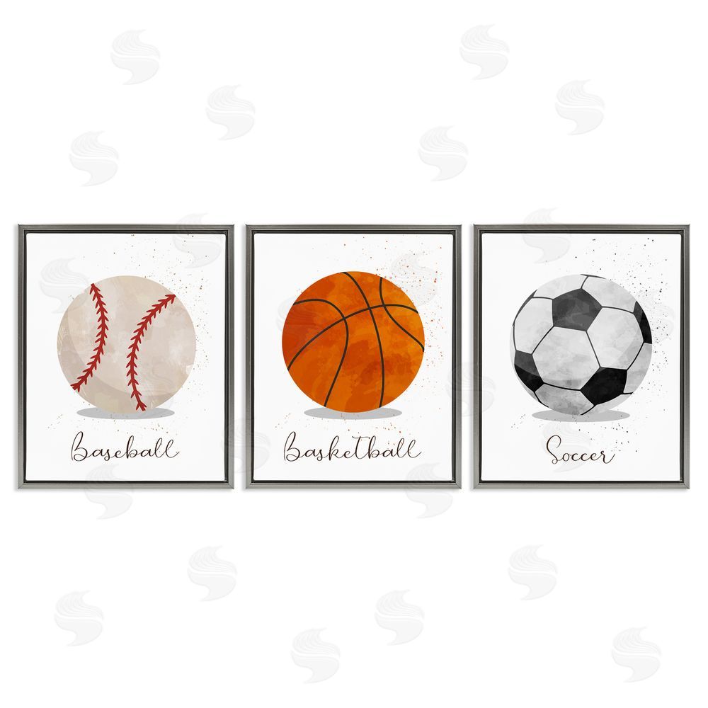 Christine Simpson Art Let's Play Ball Kid's Sports Gray Floating Frame Canvas Wall Art Print
