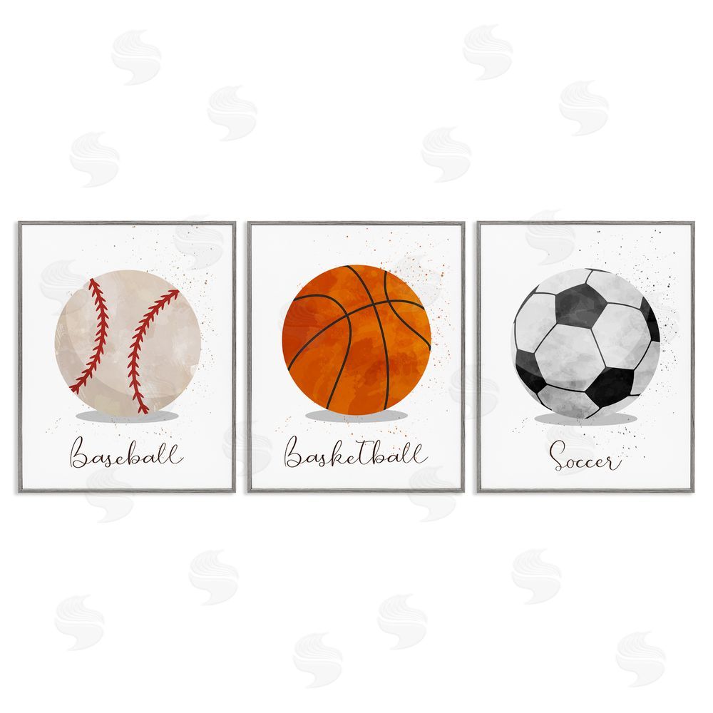 Christine Simpson Art Let's Play Ball Kid's Sports Gray Framed Giclee Wall Art Print
