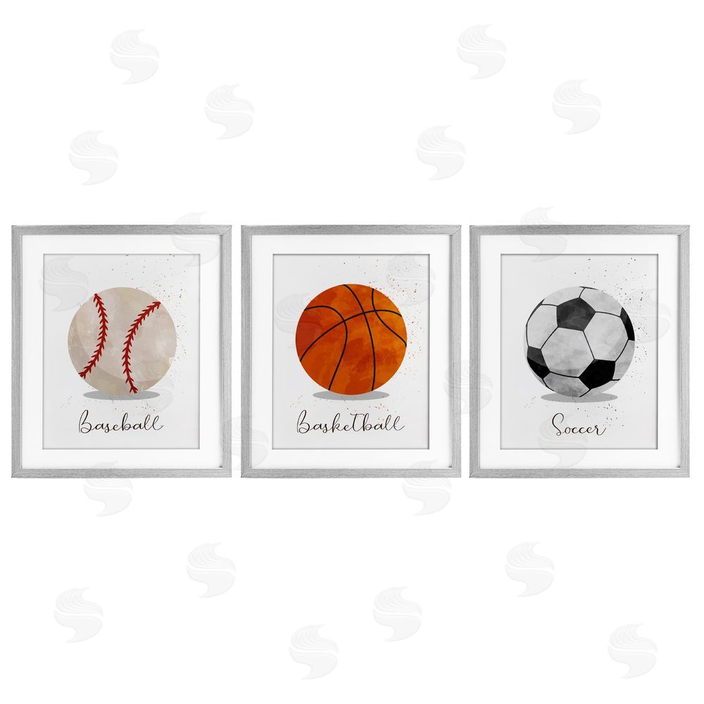 Christine Simpson Art Let's Play Ball Kid's Sports Gray Framed Print Under Glass with White Mat Wall Art