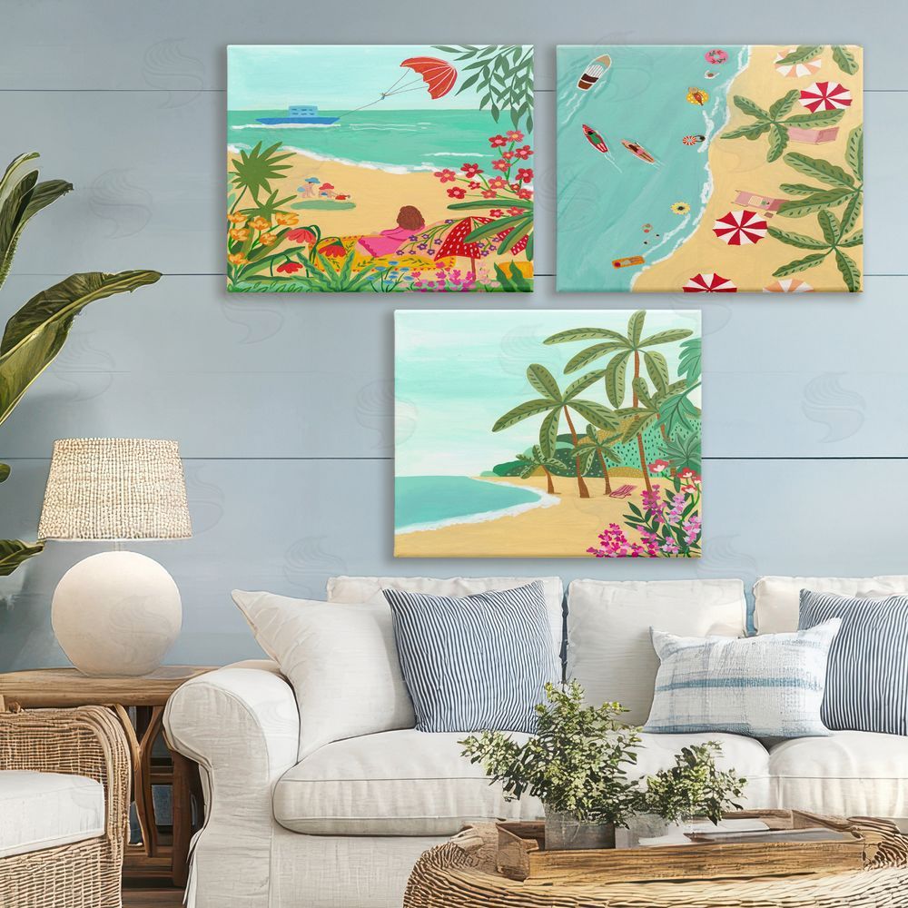 Nabeela Rumi Busy Beach And Flowers Stretched Canvas Wall Art Print in Room