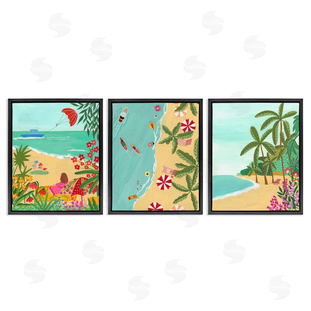 Nabeela Rumi Busy Beach And Flowers Black Floating Frame Canvas Wall Art Print