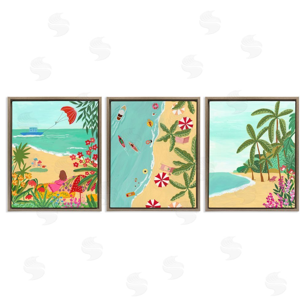 Nabeela Rumi Busy Beach And Flowers Brown Floating Frame Canvas Wall Art Print